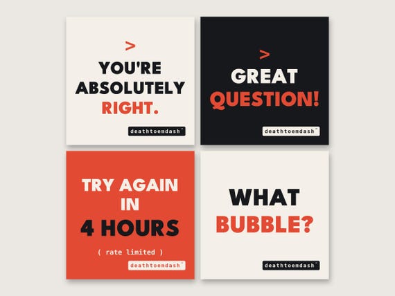Set of four square typographic fridge magnets: You're Absolutely Right, Great Question, Try Again in 4 Hours, and What Bubble, in cream, black and coral